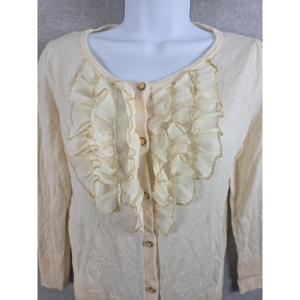 August Silk Petite M Cardigan Sweater Long Sleeve Ruffle Cream Old Money NEW